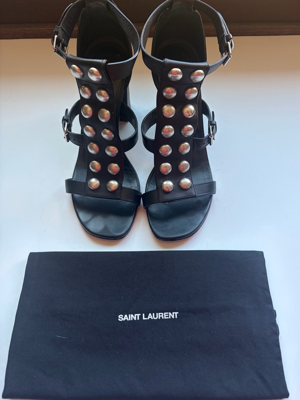 Saint Laurent Black Leather Studded Gladiator T-Strap Heels size 37.5